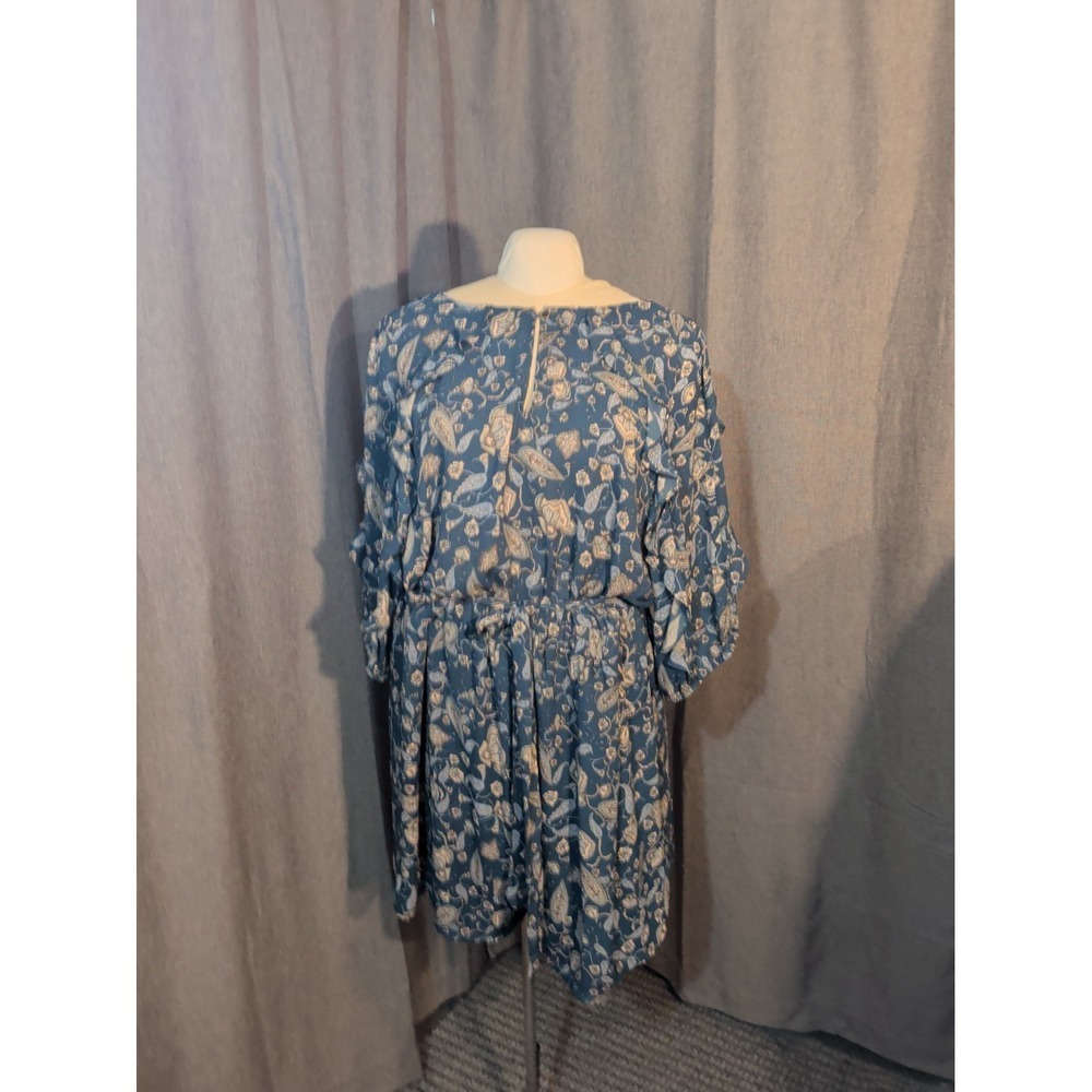 Blue Paisley Print Ruffle Sleeve Dress Elastic Waist Keyhole Back Zip Pocket 3XL